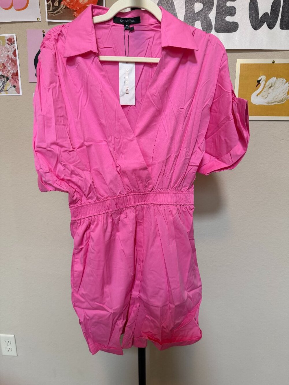 Strut & Bolt Collared Wrap Front Utility Romper Bubblegum Pink M NWT